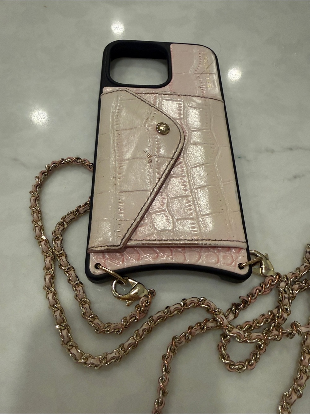 Bandolier iPhone 16 Pro Max Case in pink snake skin with Gold Chain - Picture 1 of 10